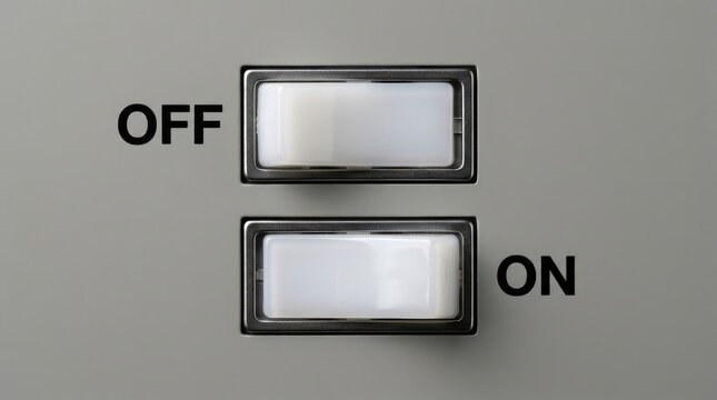 Two illuminated toggle switches showing on and off states against a neutral background with Light switches illuminated off positions plain surface