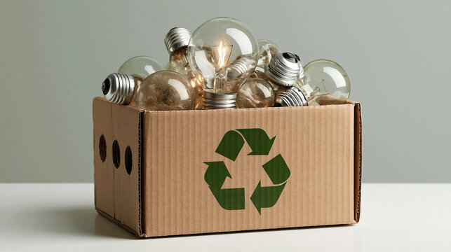 Recycling Old Lightbulbs: A cardboard box filled with old, incandescent light bulbs, marked with a prominent green recycling symbol, ready for disposal and repurposing.