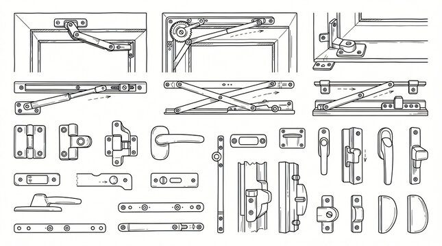 Window Hinge Tilt Turn Mechanism Line Art Doodle Element Set Hand Drawn Concealed Hinge Friction Stay Metal Limiter Scissor Hardware Contour Black White Flat Design Strictly Textless White