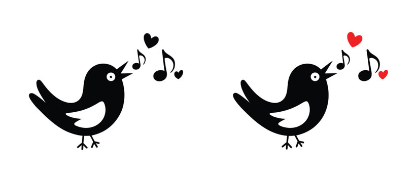 Lovebird, musical bird symbol, singing love birds, one with a simple tune, one with an elaborate melody, musical merriment, love heart icon, Valentine
