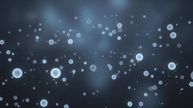 Futuristic steel blue and gray glowing spheres slowly swirl through layered depth with subtle backlight, creating an elegant atmospheric abstract background with smooth seamless motion.