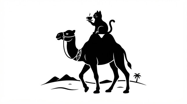 Black silhouette of a cat drinking tea while riding a camel in the desert landscape.