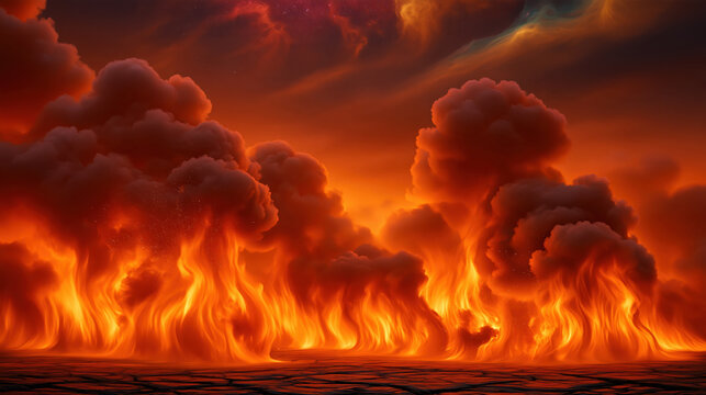 Alien landscape engulfed in fire, glowing sky, dark smoke, dramatic cloud, hot flame, red orange