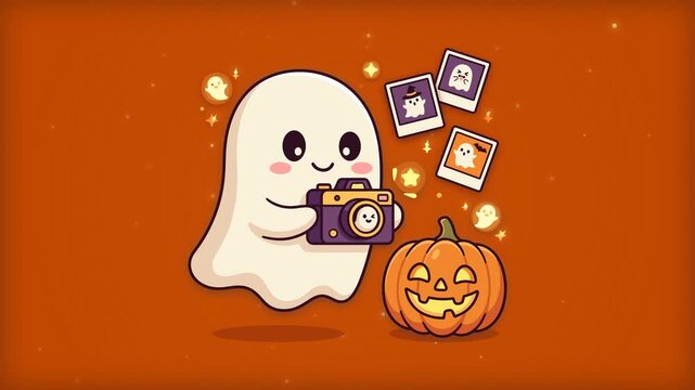 Ghost Photographer Holding Camera Next to Halloween Pumpkin Animation