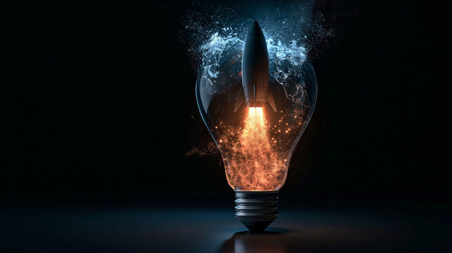 Igniting Innovation: A rocket erupts from a glowing lightbulb, symbolizing a powerful surge of groundbreaking ideas and technological advancement against a dark, dramatic backdrop.
