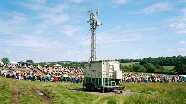 Mobile coverage trailer with raised cellular antenna deployed in sunny rural field beside large seated crowd at outdoor summer event gathering