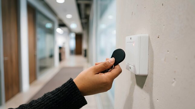Close-up of a person's hand holding a black contactless key fob near a white RFID access control reader mounted on a hallway wall in a modern office building corridor