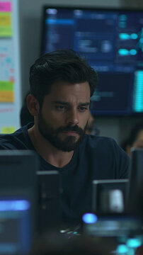 Focused Programmer in a Modern Office: A determined man with a beard is deeply engrossed in his work, coding on a computer in a dimly lit, high-tech office environment with screens displaying data.