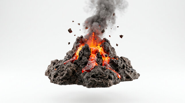 3D render of an active miniature volcano erupting with glowing red molten lava streams, dark volcanic ash smoke, and flying rocky debris, isolated on a clean white background for science designs.