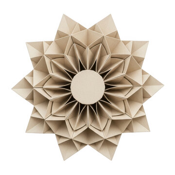 Beautiful brown paper origami flower star shape with intricate folded layers isolated on transparent background