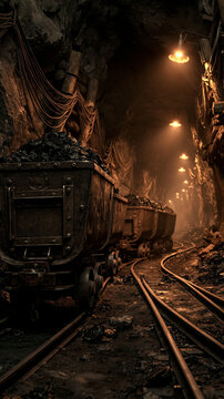 Coal Mine Interior: Dark, gritty coal mine interior with a train of full coal carts on tracks leading into the depths, illuminated by sparse, glowing lamps.