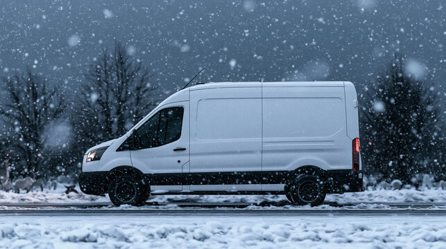 White Van in Snowstorm: A modern white cargo van navigates a snow-covered road during a heavy snowfall, with bare trees visible in the background under a cloudy sky.