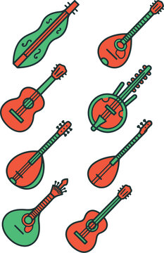 Traditional Folk Stringed Musical Instruments Mandolin and Dulcimer Flat Vector Icon Set
