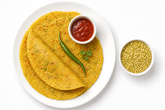 Top view of healthy moong dal chilla with spicy red chutney and yellow lentils on white plate isolated