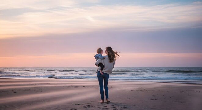 Mother Carrying Child on a Quiet Beach at Sunset, Peaceful Family Moment and Emotional Parent Child Connection by the Sea