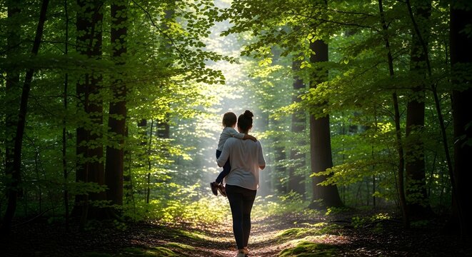 Mother and Child Walking Together Through a Sunlit Forest Trail, Peaceful Family Adventure and Outdoor Nature Exploration