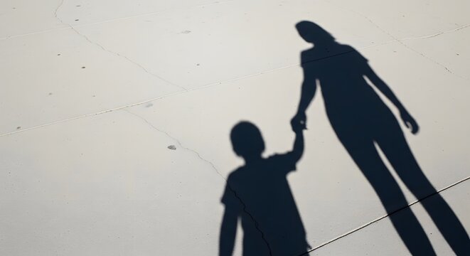 Mother and Child Holding Hands as Their Shadows Fall Across Sunlit Pavement, Symbolic Family Bond and Childhood Connection