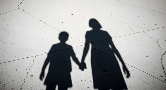 Mother and Child Shadow Silhouettes Walking Hand in Hand on Bright Pavement, Minimal Family Concept of Love and Togetherness