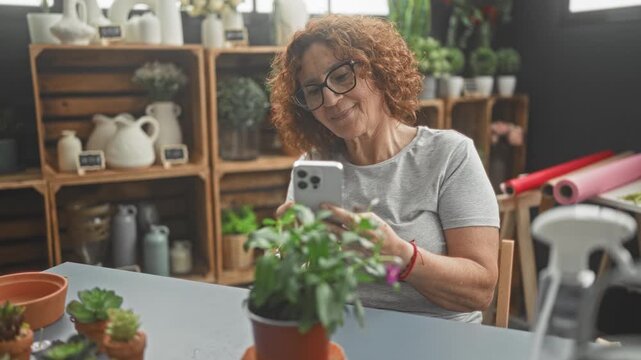 Woman holding smartphone, thumbs tapping screen while seated beside potted plants, succulents and wooden crate shelves with vases and wrapping paper in a studio; contentment gardening.