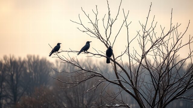 Three crows perched on a bare winter tree branch