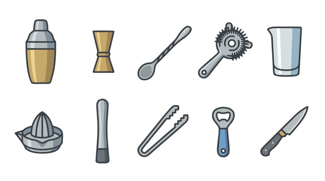 Bartender tools and bar equipment icons set featuring cocktail shaker and jigger