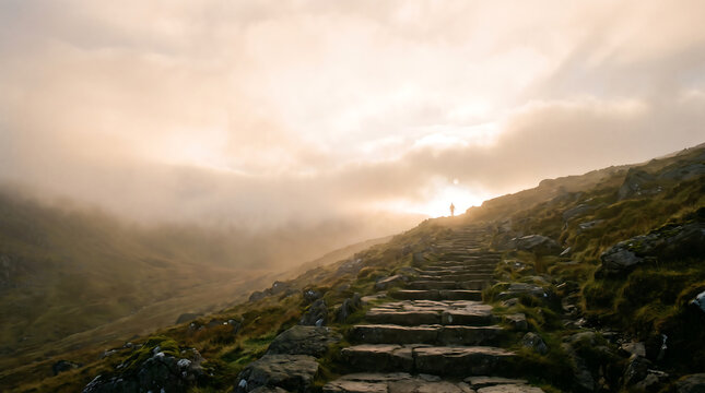 Solitary figure ascending mystical stone stairs towards a surellisme heaven in a foggy mountain landscape at sunrise.