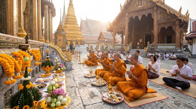 Buddhist monks and devotees praying at the Grand Palace temple in Bangkok Thailand.