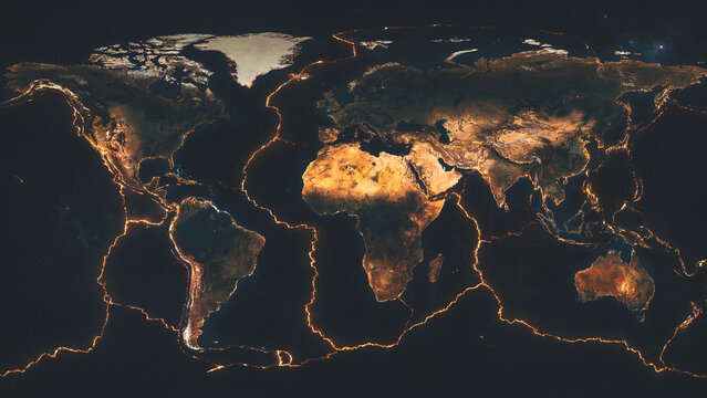A global map illustrates Earth's glowing tectonic plate boundaries at night