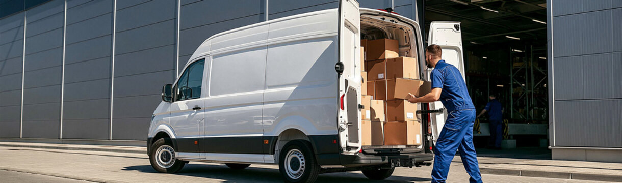 Delivery Van Loading: A delivery driver in a blue uniform loads cardboard boxes into the back of a white cargo van parked outside a modern industrial building under a clear sky.