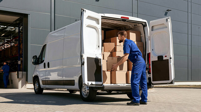 Logistics in Action: A delivery worker, clad in blue workwear, diligently loads cardboard boxes into the open back of a white cargo van parked outside a modern industrial building.