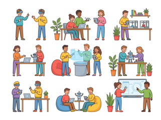 Fototapeta premium Modern ai business integration vector collection displaying tech innovation in the workplace with virtual reality headsets, robotic engineering, and smart holograms for corporate use.