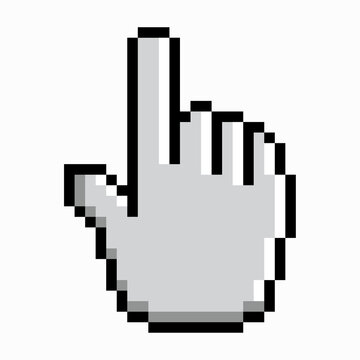 A classic pixel art computer hand cursor clicking icon isolated on a plain white background.
