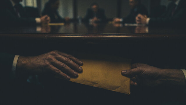 Two hands secretly exchange a brown envelope under a meeting table