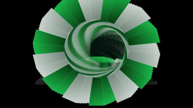 Abstract geometric tunnel with green and white radial patterns and light reflections creating a futuristic visual effect