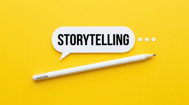 Speech bubble with storytelling text beside a pencil on bright yellow background with highlights concept storytelling writing implement storytelling next