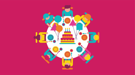 Fototapeta premium People sitting around round table celebrating festive birthday party