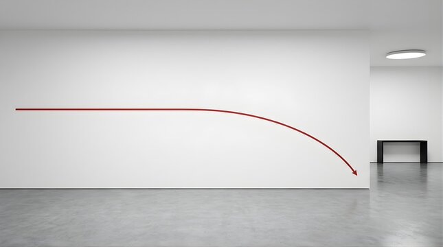 Red downward arrow on a white wall in a modern office room interior