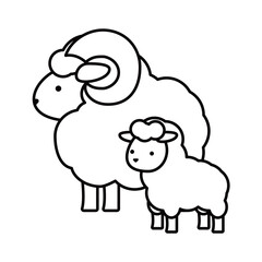 Obraz premium 立派な角の親羊と小さな子羊が寄り添うシンプルな白黒の動物線画イラスト
