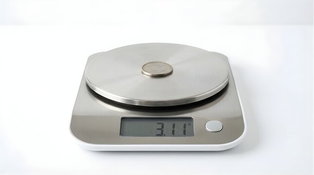 Silver coin resting on a digital kitchen scale measuring small weight