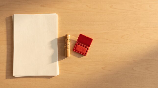 明るい木のデスクの上の書類と判子と朱肉　午後の暖かい光、真俯瞰