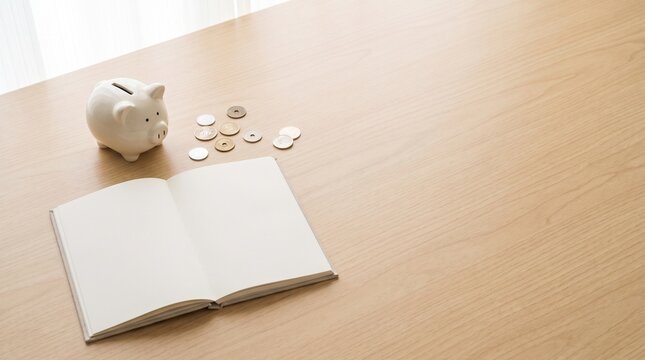 明るい木のデスクの上の貯金箱と硬貨とノート　朝の柔らかい窓の光、真俯瞰