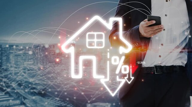 Businessman Holding Smartphone with Digital House Icon and Percentage Decrease Symbol Representing Real Estate Market Trends and Financial Analysis in Urban Setting Sigmoid