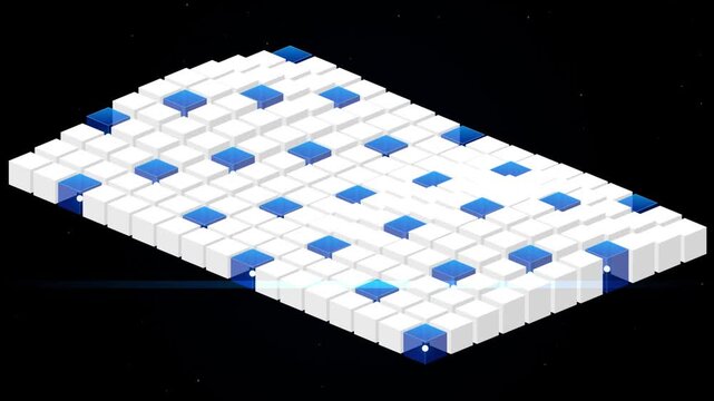 Isometric grid layout with blue and white modular blocks arranged in a structured pattern