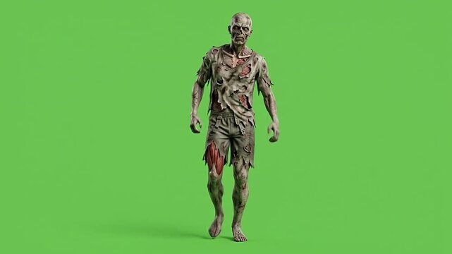 Scary halloween zombies walking forward on green screen background
