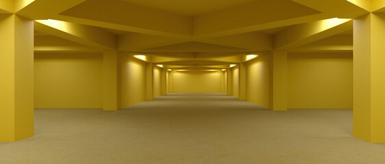 Obraz premium Eerie liminal corridor in yellow empty interior, soft light, endless hall, unsettling space, quiet mood