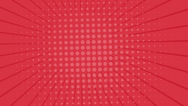 Red comic book pop art background with halftone dots and radial sunburst lines