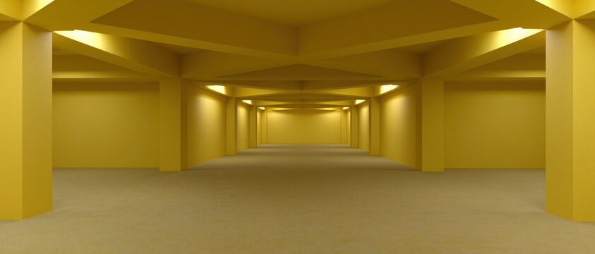 Eerie liminal corridor in yellow empty interior, soft light, endless hall, unsettling space, quiet mood