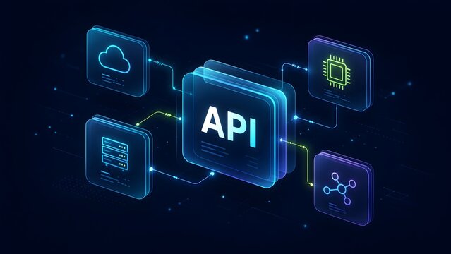 API infrastructure isometric concept with central interface connecting cloud servers database and microservices