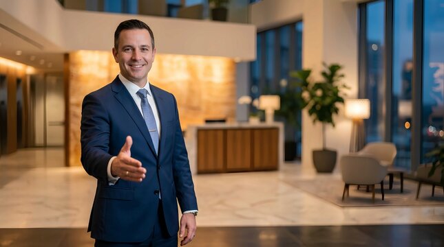 Confident smiling businessman in navy blue suit extends open hand in welcoming handshake gesture inside modern corporate office lobby with warm lighting and contemporary decor at evening