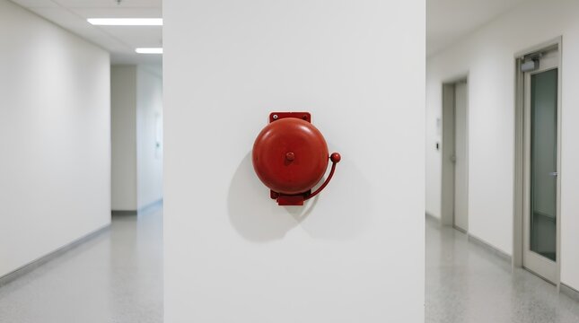 Vivid red industrial fire alarm bell mounted on clean white hallway wall, modern interior corridor with polished floors and elevator, safety emergency equipment, soft overhead lighting, no text